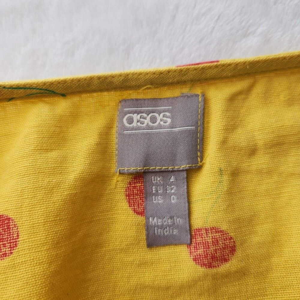 ASOS Cherry Linen Two Piece Set Size 0 Yellow Red Crop Top Shorts Ruffle Boho - Picture 6 of 16